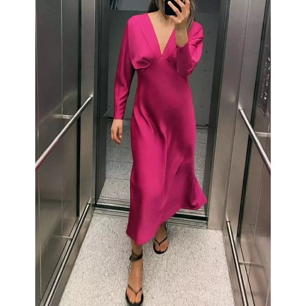 Zara Womens Midi Dress Size S Raspberry Pink Satin Effect Cocktail 2298/067 NWT